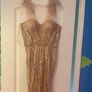 Evening gown mermaid fit with feathers on shoulders